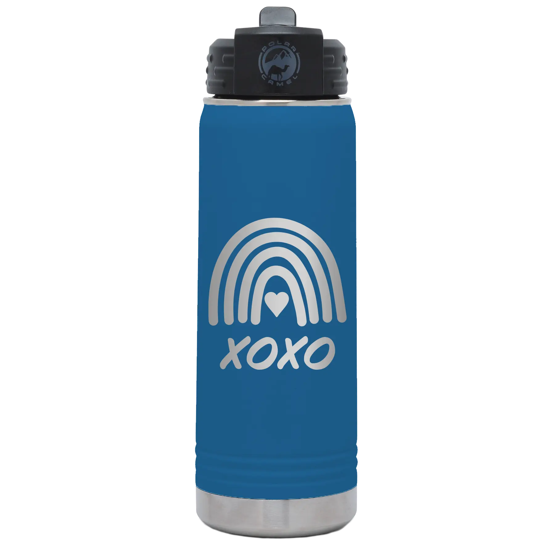Laser etched royal blue 20 oz vacuum insulated water bottle with 'XOXO Rainbow' design