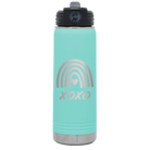 Laser etched teal 20 oz vacuum insulated water bottle with 'XOXO Rainbow' design