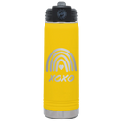 Laser etched yellow 20 oz vacuum insulated water bottle with 'XOXO Rainbow' design
