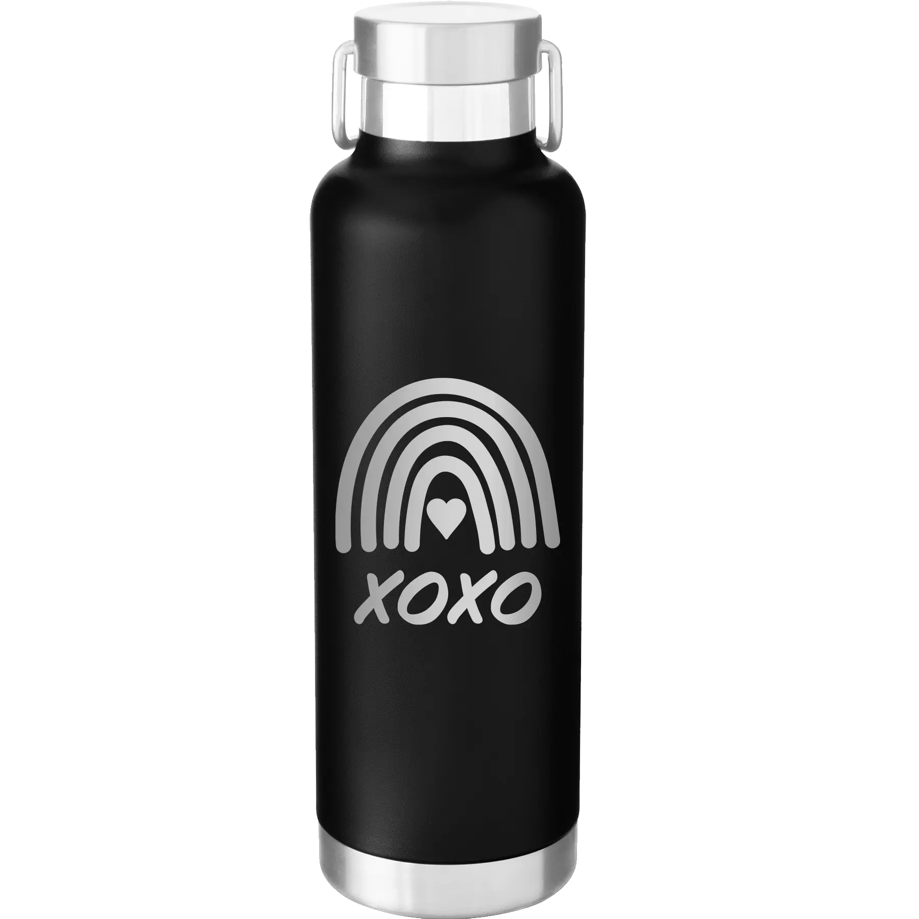 Laser etched black 24 oz vacuum insulated water bottle with 'XOXO Rainbow' design