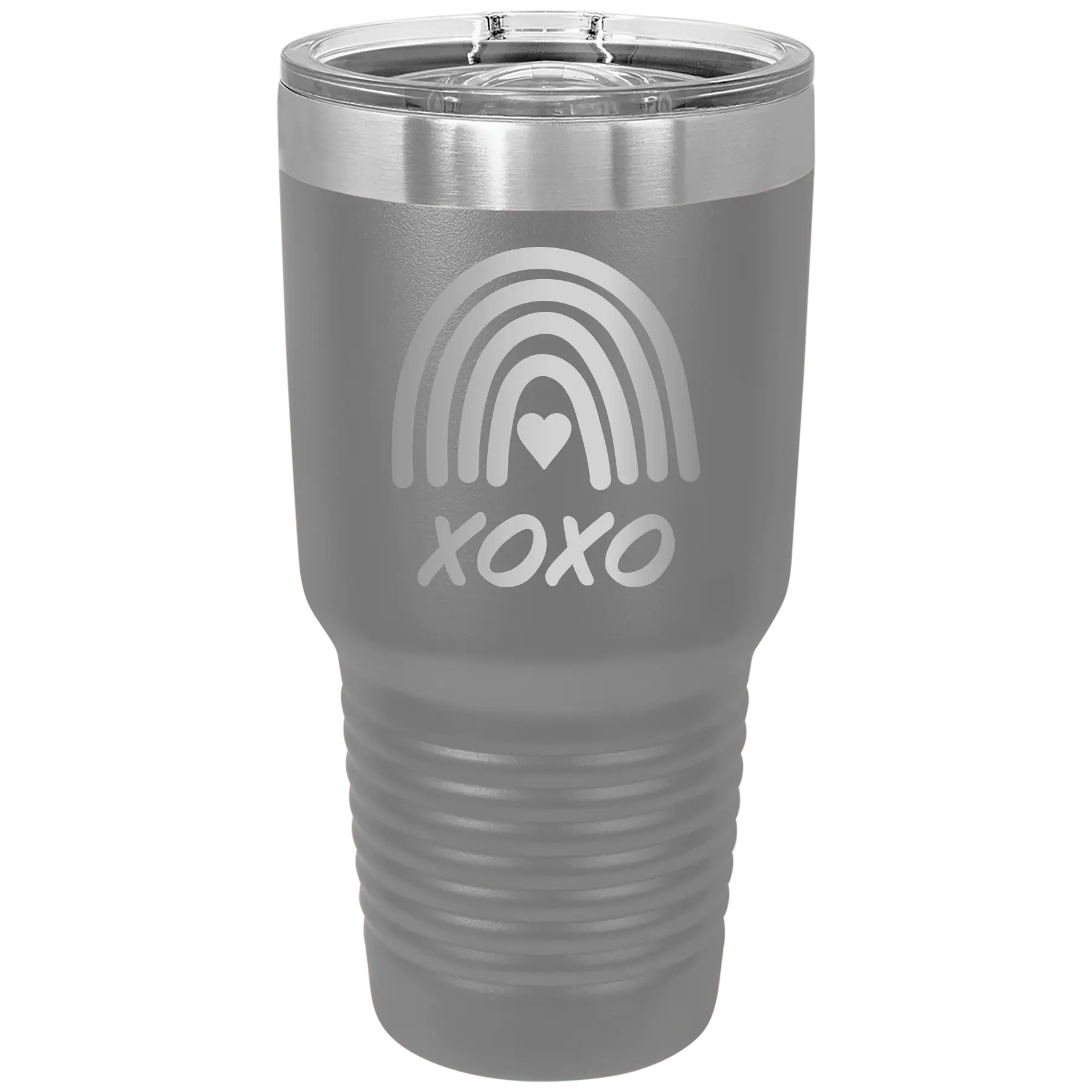 Laser etched dark gray 30 oz vacuum insulated tumbler with 'XOXO Rainbow' design