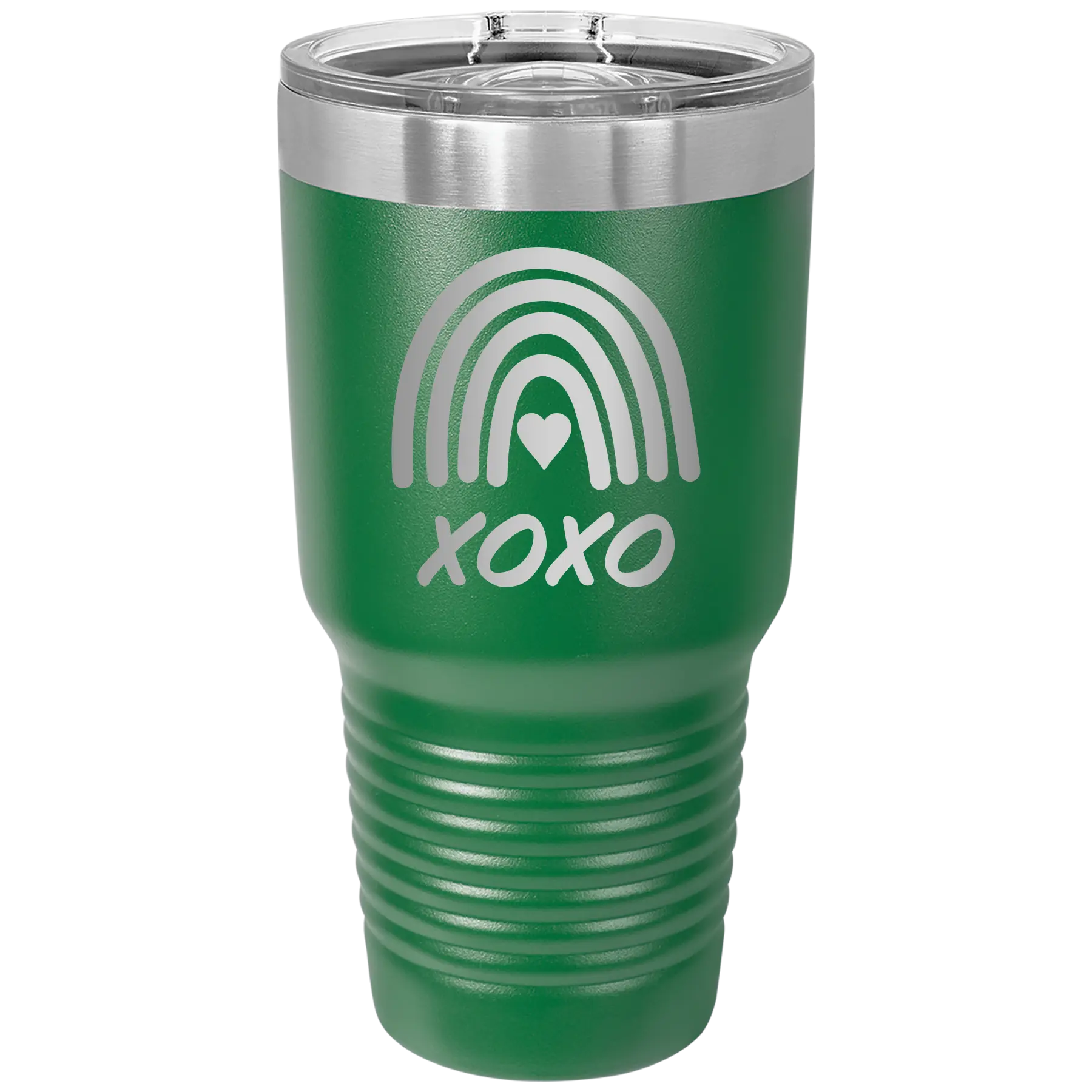 Laser etched green 30 oz vacuum insulated tumbler with 'XOXO Rainbow' design