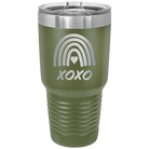 Laser etched olive green 30 oz vacuum insulated tumbler with 'XOXO Rainbow' design