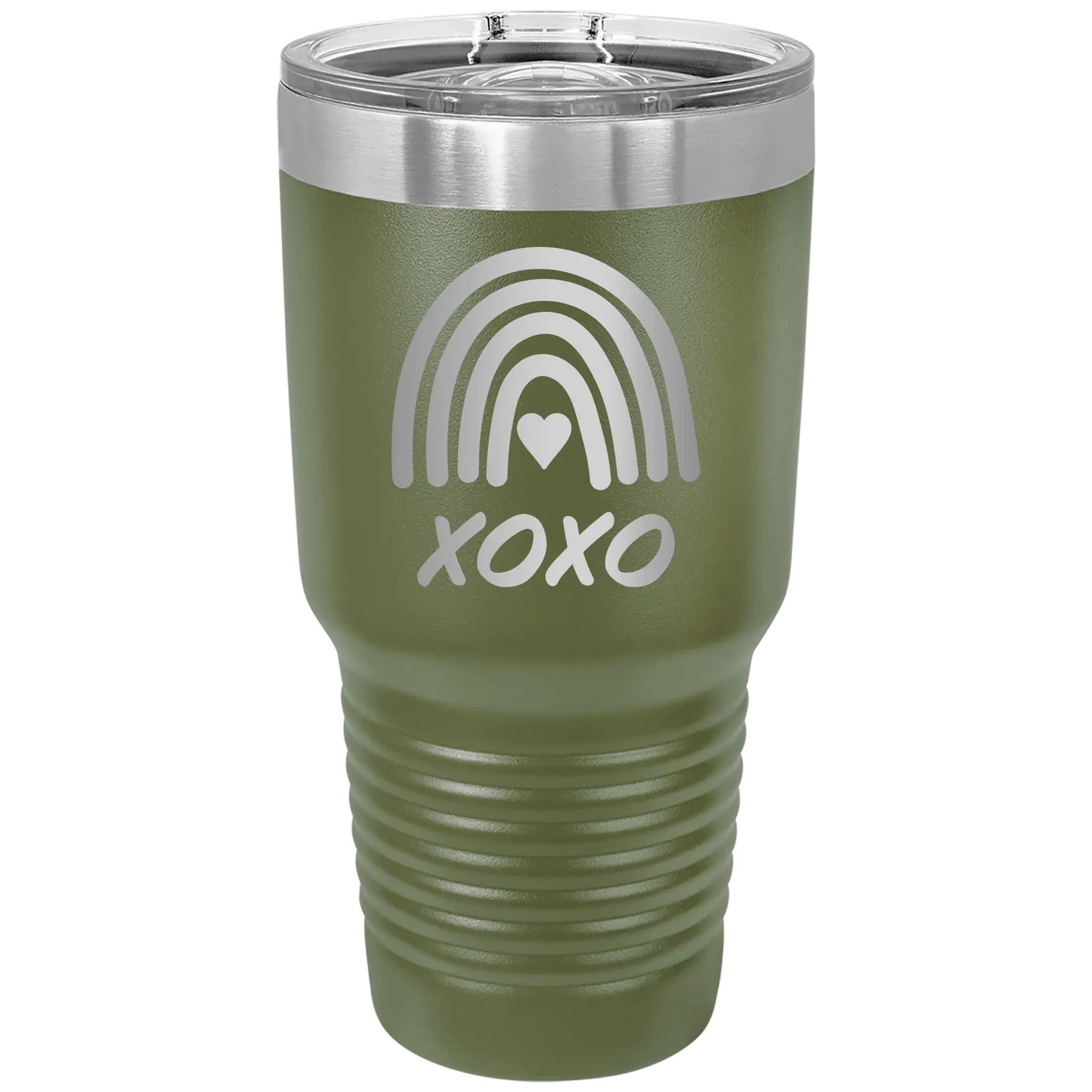 Laser etched olive green 30 oz vacuum insulated tumbler with 'XOXO Rainbow' design