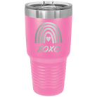 Laser etched pink 30 oz vacuum insulated tumbler with 'XOXO Rainbow' design