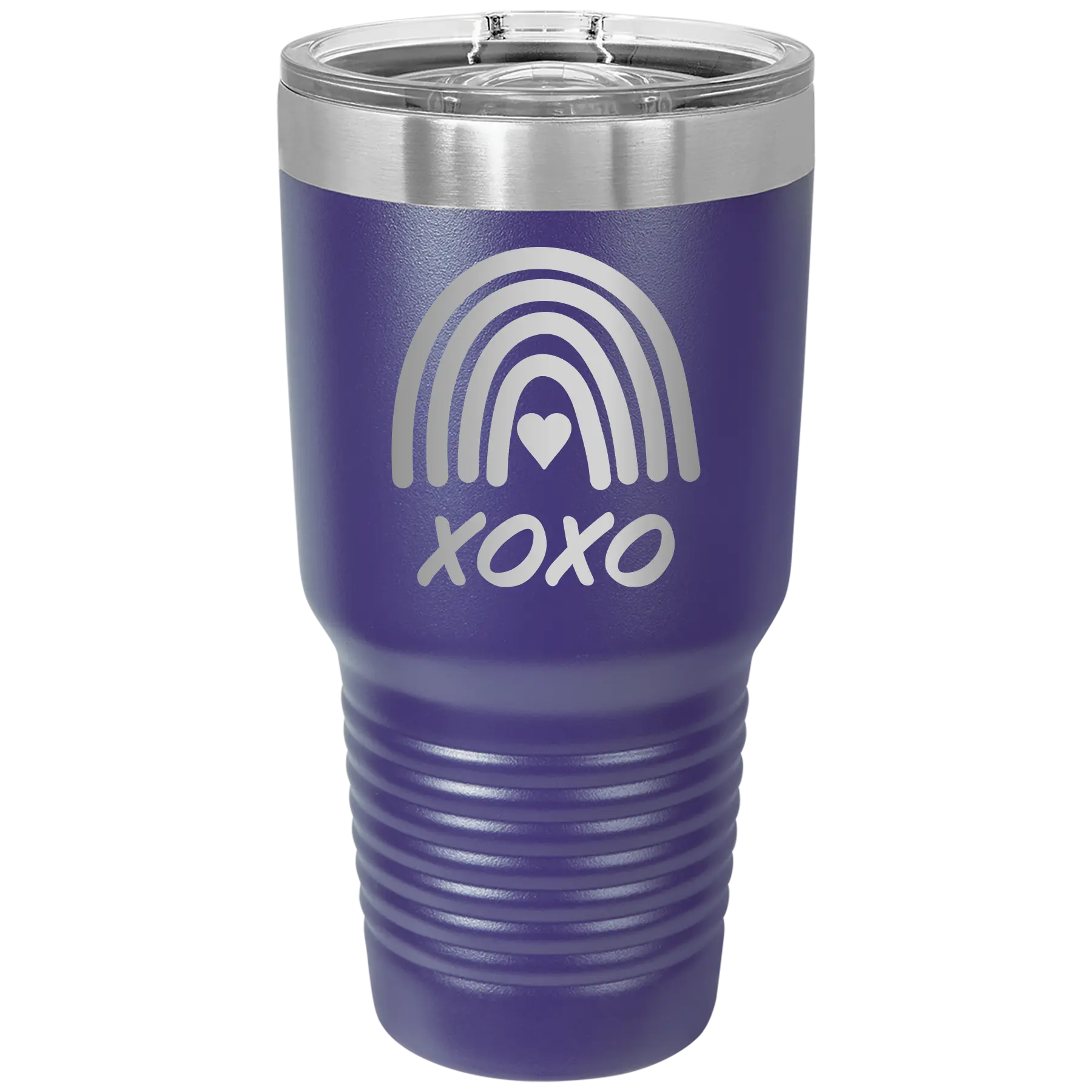 Laser etched purple 30 oz vacuum insulated tumbler with 'XOXO Rainbow' design