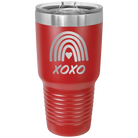 Laser etched red 30 oz vacuum insulated tumbler with 'XOXO Rainbow' design