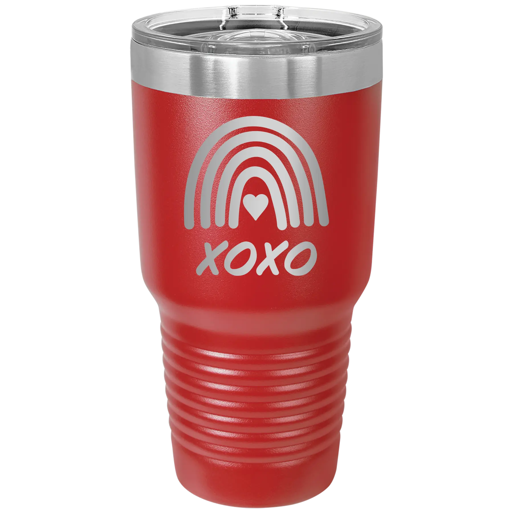 Laser etched red 30 oz vacuum insulated tumbler with 'XOXO Rainbow' design