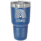 Laser etched royal blue 30 oz vacuum insulated tumbler with 'XOXO Rainbow' design
