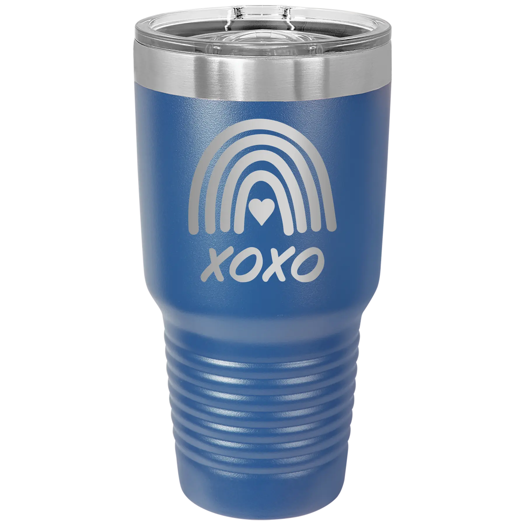 Laser etched royal blue 30 oz vacuum insulated tumbler with 'XOXO Rainbow' design
