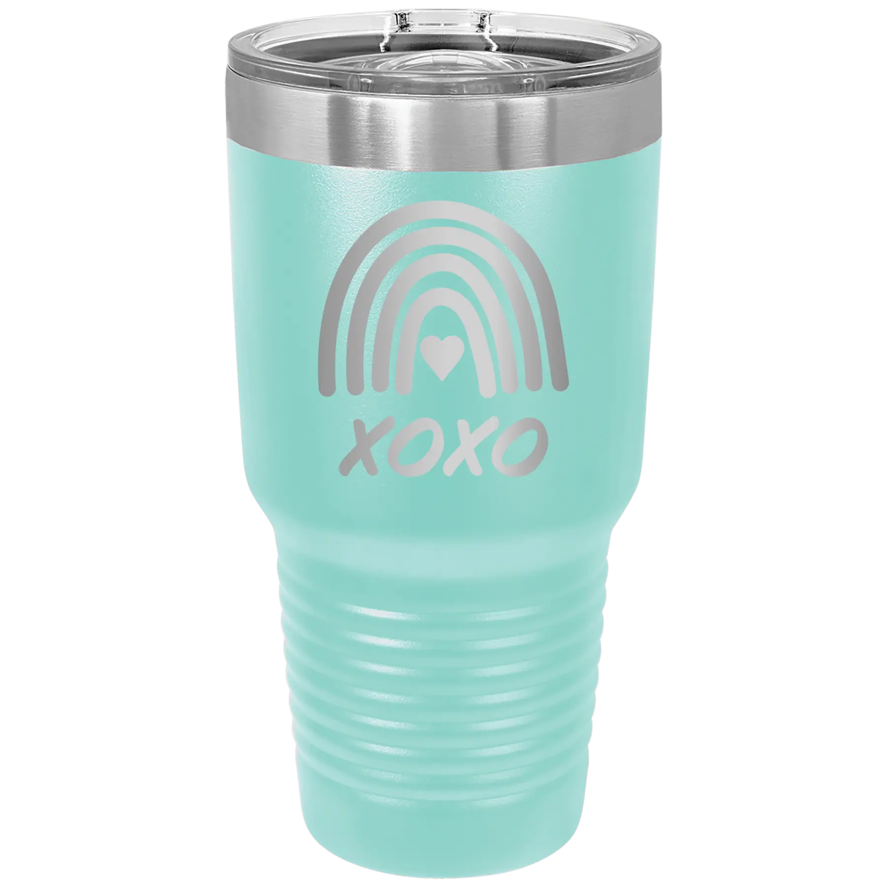 Laser etched teal 30 oz vacuum insulated tumbler with 'XOXO Rainbow' design