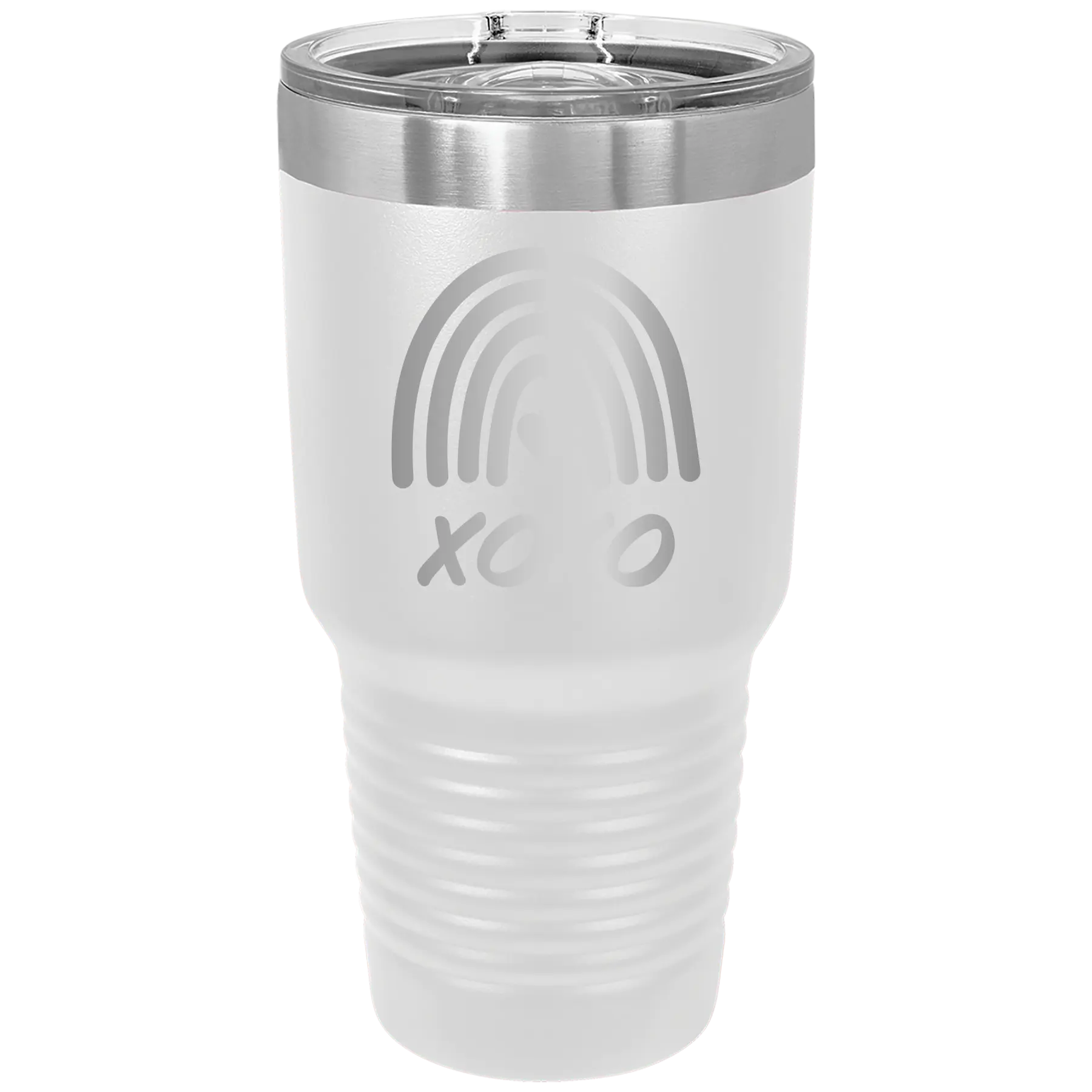 Laser etched white 30 oz vacuum insulated tumbler with 'XOXO Rainbow' design