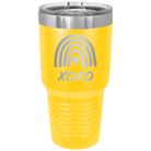 Laser etched yellow 30 oz vacuum insulated tumbler with 'XOXO Rainbow' design