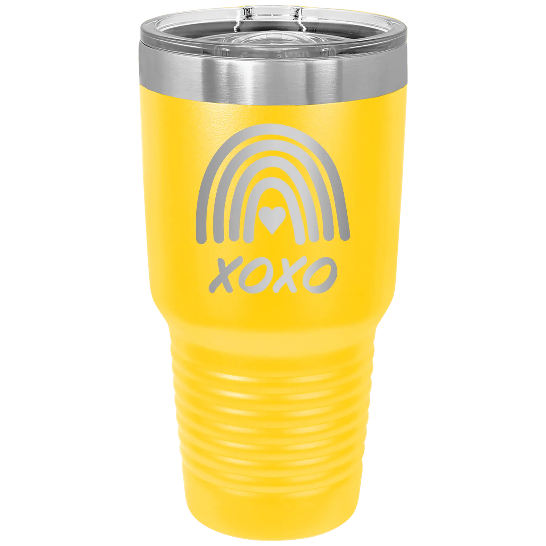 Laser etched yellow 30 oz vacuum insulated tumbler with 'XOXO Rainbow' design