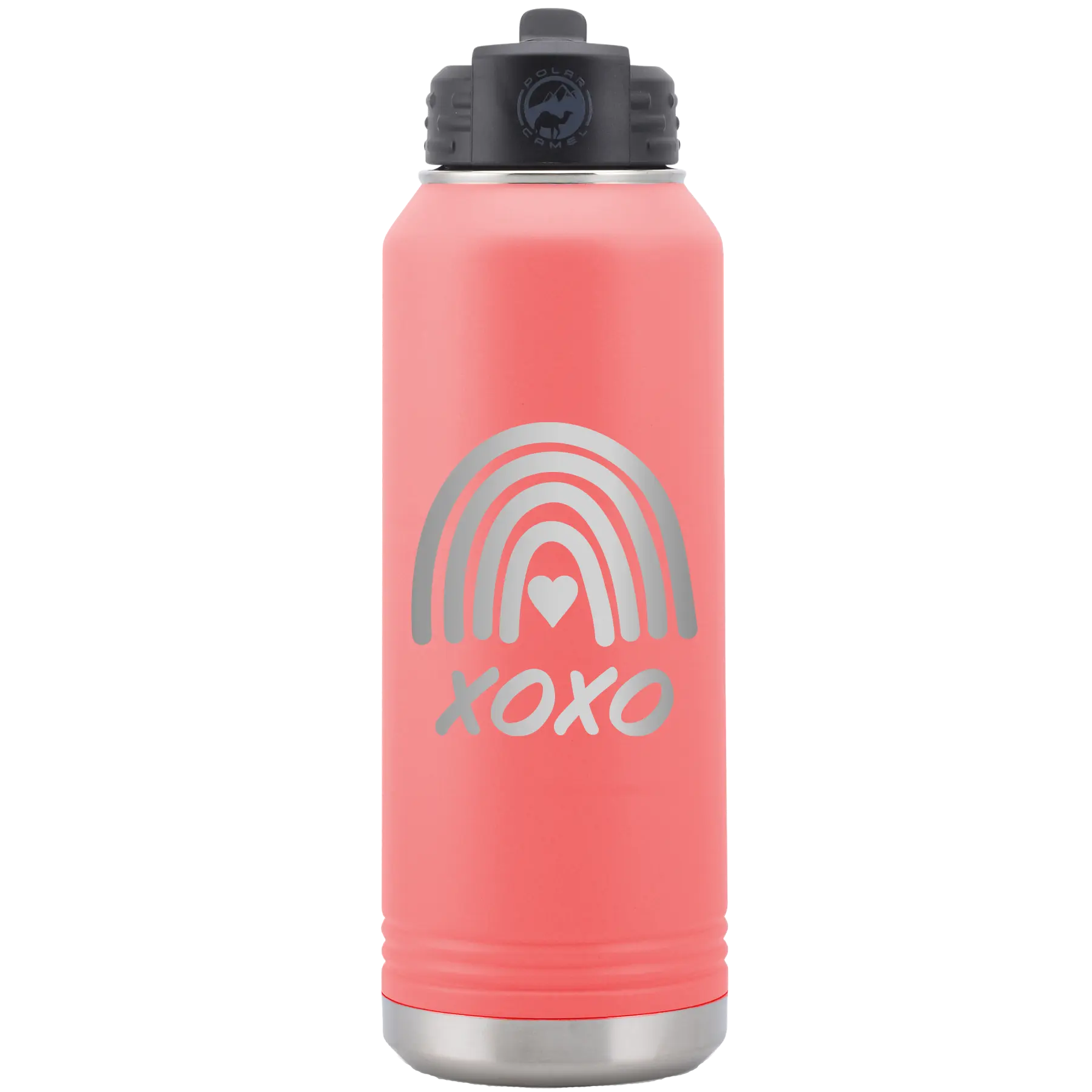 Laser etched coral 32 oz vacuum insulated water bottle with 'XOXO Rainbow' design