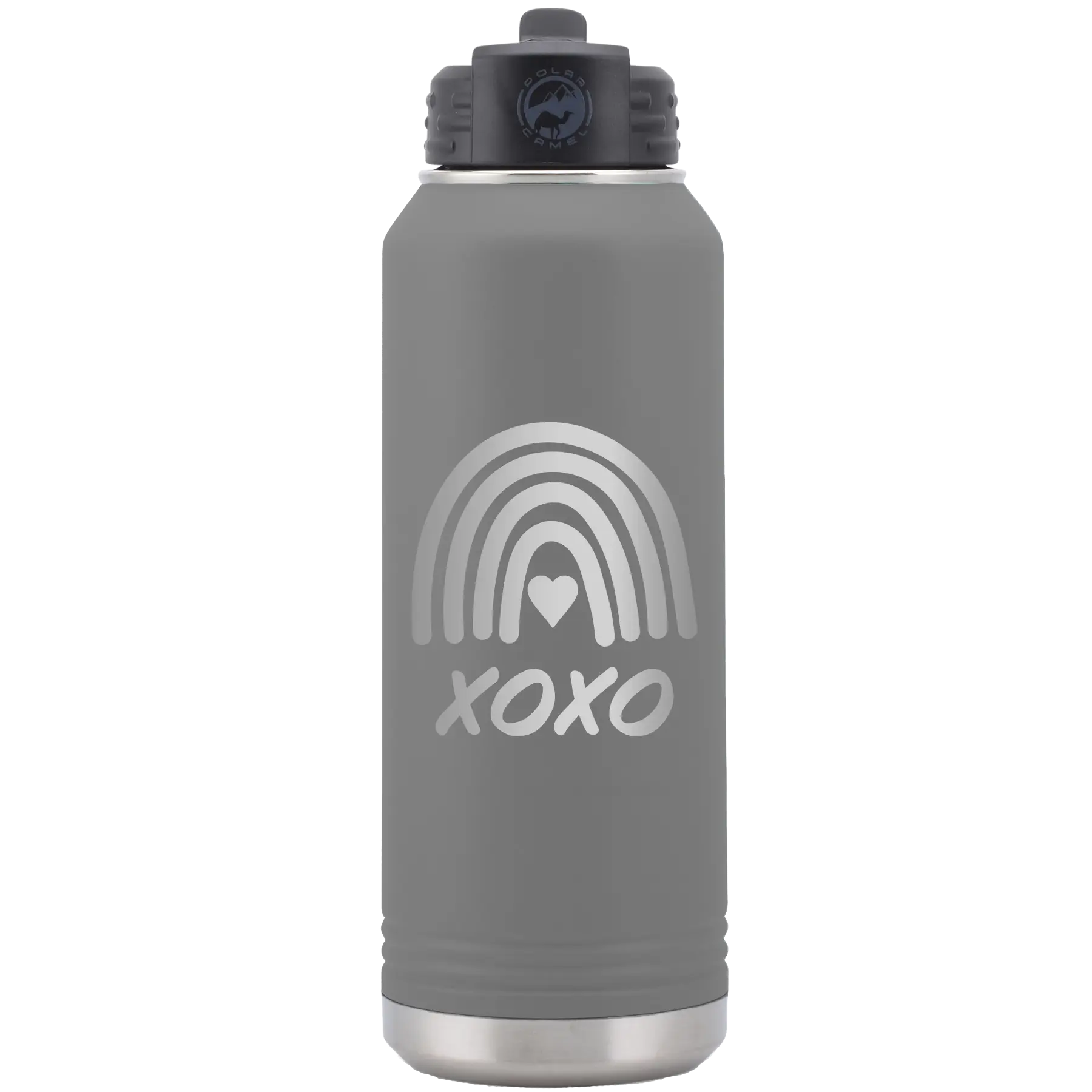 Laser etched dark gray 32 oz vacuum insulated water bottle with 'XOXO Rainbow' design