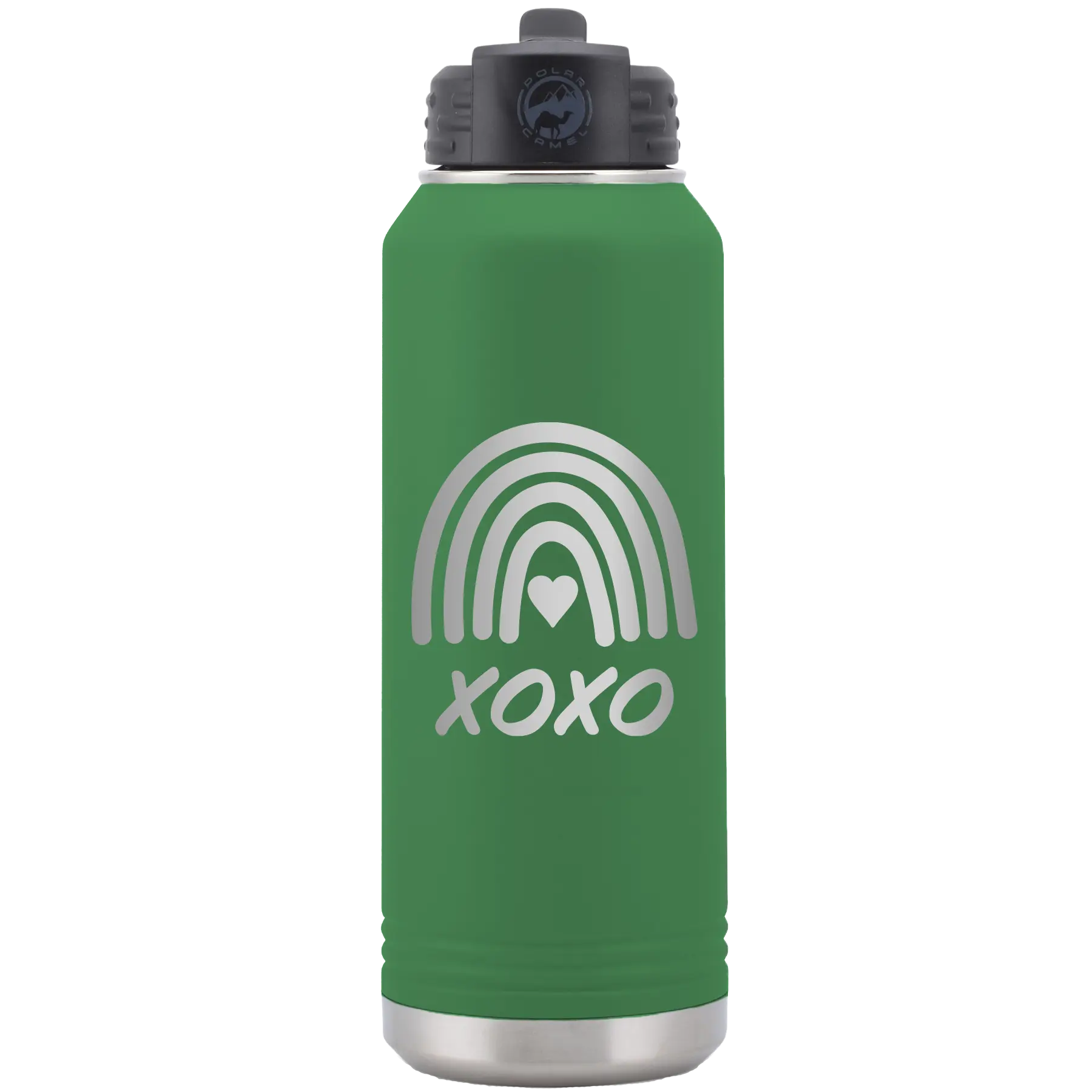 Laser etched green 32 oz vacuum insulated water bottle with 'XOXO Rainbow' design