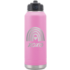 Laser etched light purple 32 oz vacuum insulated water bottle with 'XOXO Rainbow' design