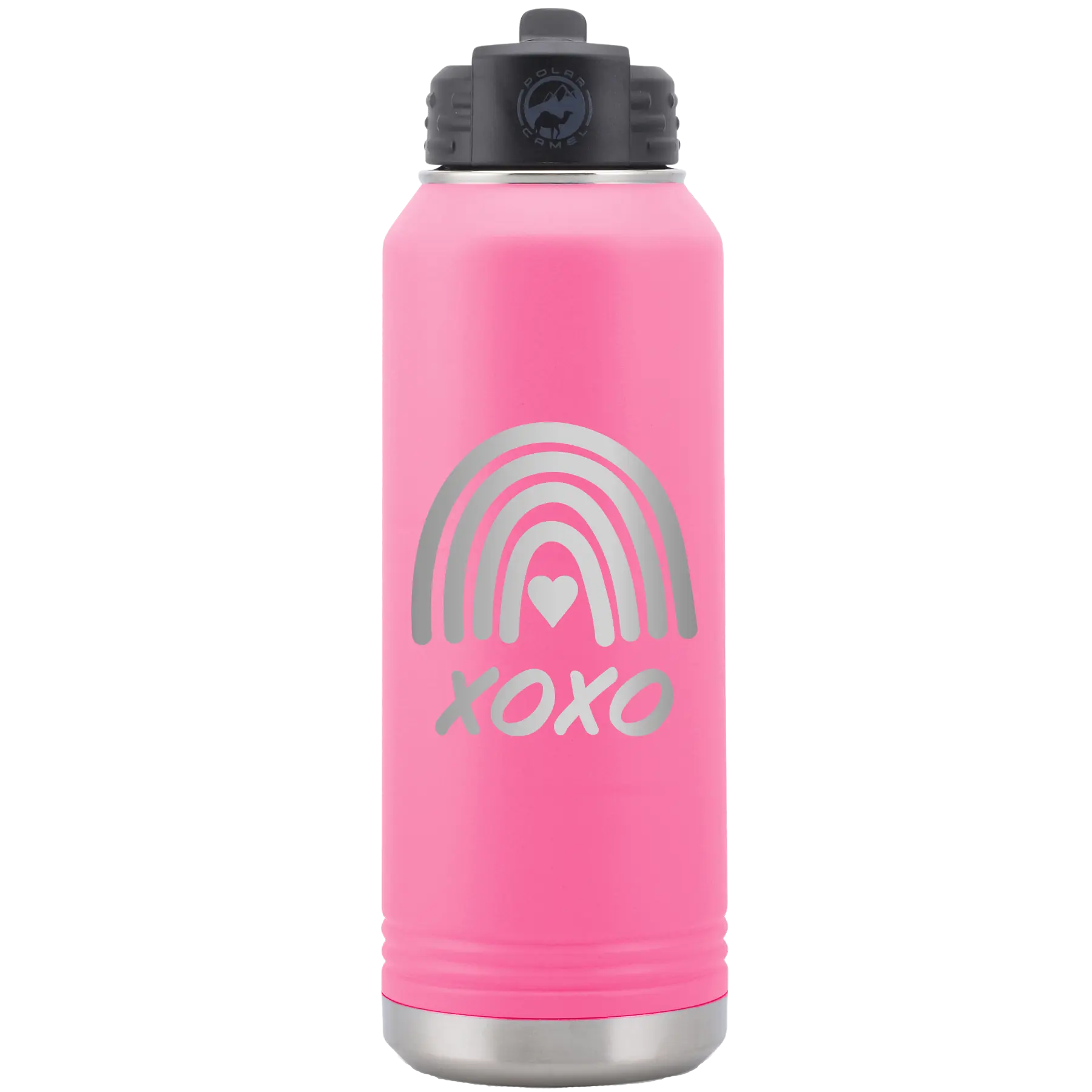 Laser etched pink 32 oz vacuum insulated water bottle with 'XOXO Rainbow' design