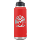 Laser etched red 32 oz vacuum insulated water bottle with 'XOXO Rainbow' design