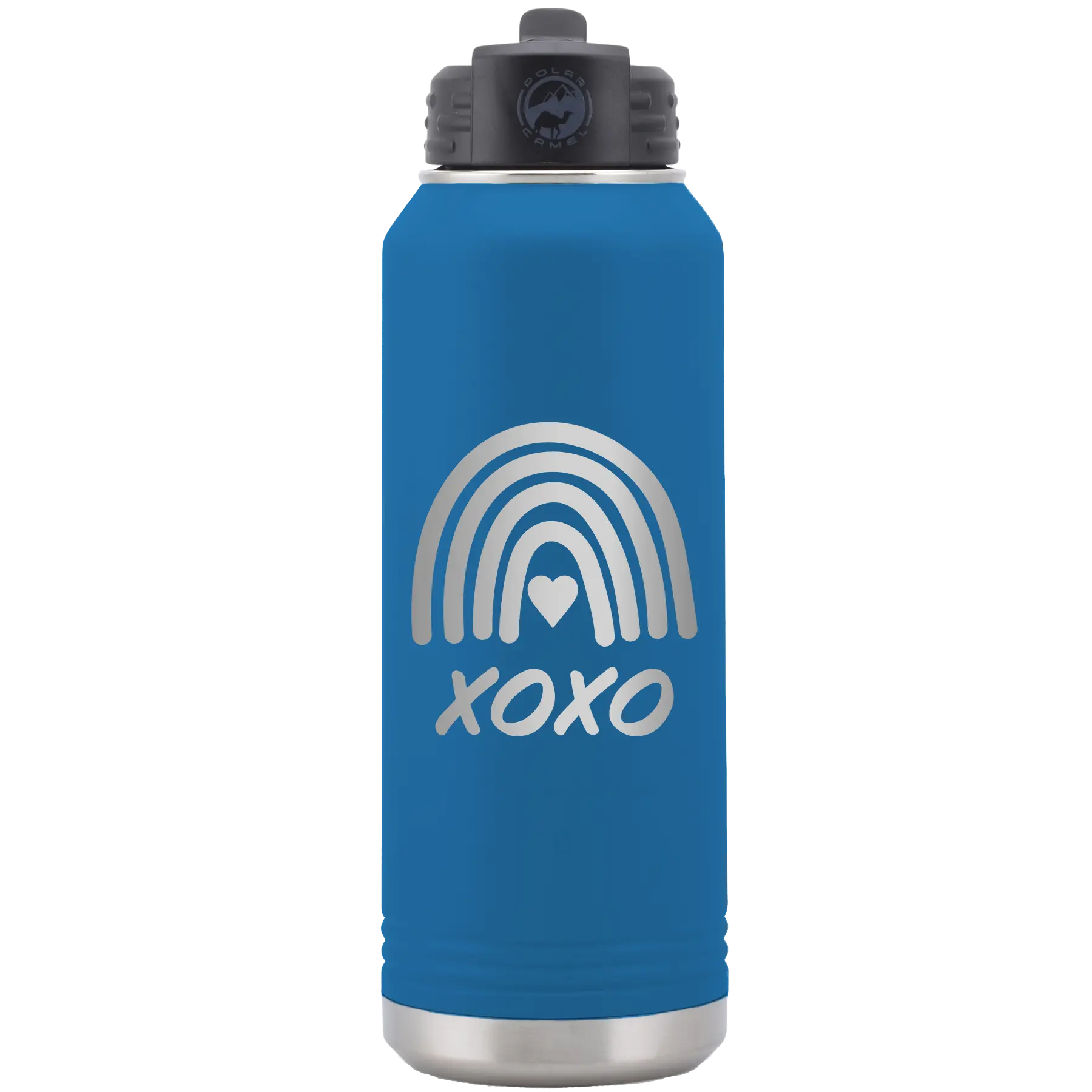 Laser etched royal blue 32 oz vacuum insulated water bottle with 'XOXO Rainbow' design