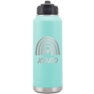 Laser etched teal 32 oz vacuum insulated water bottle with 'XOXO Rainbow' design