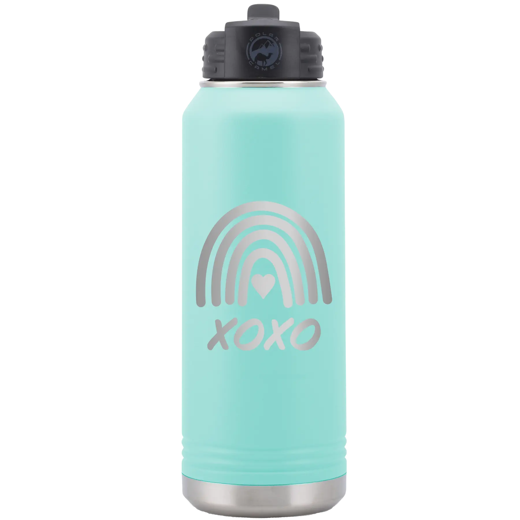 Laser etched teal 32 oz vacuum insulated water bottle with 'XOXO Rainbow' design