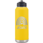 Laser etched yellow 32 oz vacuum insulated water bottle with 'XOXO Rainbow' design