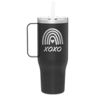 Laser etched black 40 oz vacuum insulated tumbler mug with 'XOXO Rainbow' design