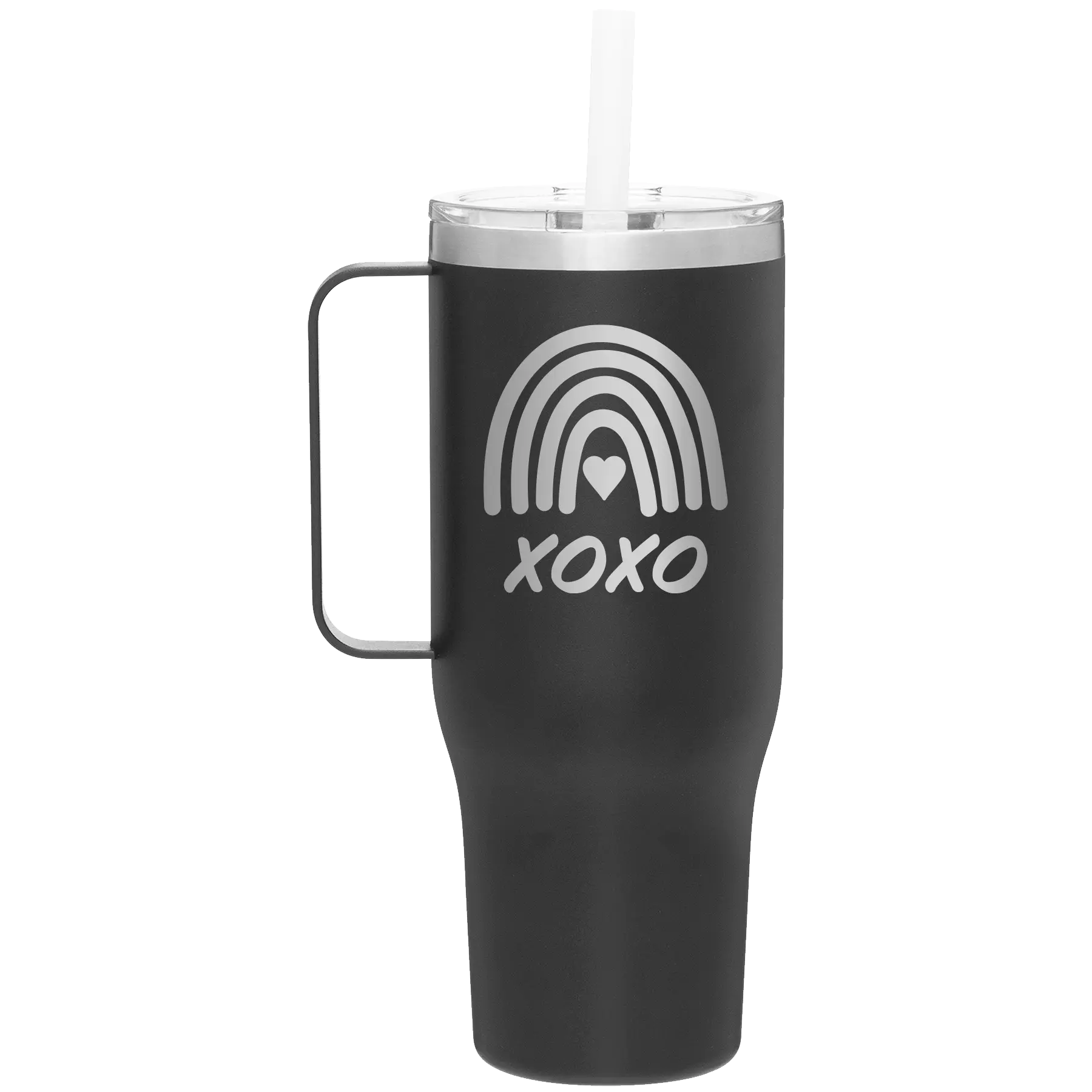 Laser etched black 40 oz vacuum insulated tumbler mug with 'XOXO Rainbow' design