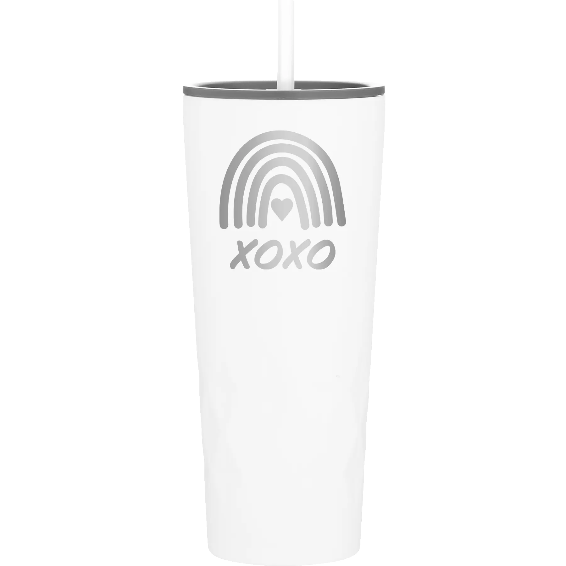 Laser etched white 20 oz vacuum insulated tumbler with 'XOXO Rainbow' design
