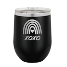 Laser etched black 12 oz vacuum insulated wine cup with 'XOXO Rainbow' design
