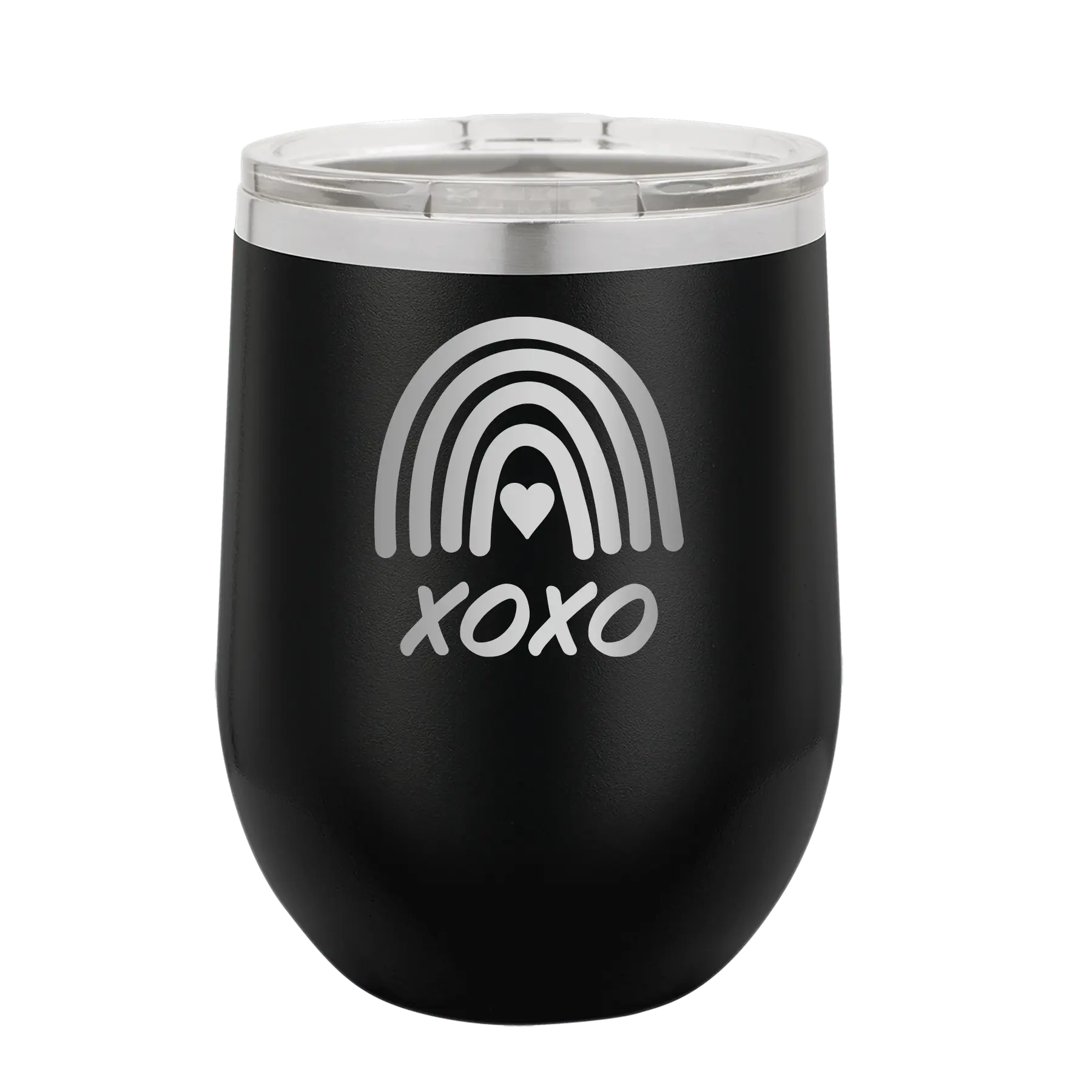 Laser etched black 12 oz vacuum insulated wine cup with 'XOXO Rainbow' design