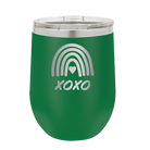 Laser etched green 12 oz vacuum insulated wine cup with 'XOXO Rainbow' design