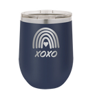 Laser etched navy 12 oz vacuum insulated wine cup with 'XOXO Rainbow' design