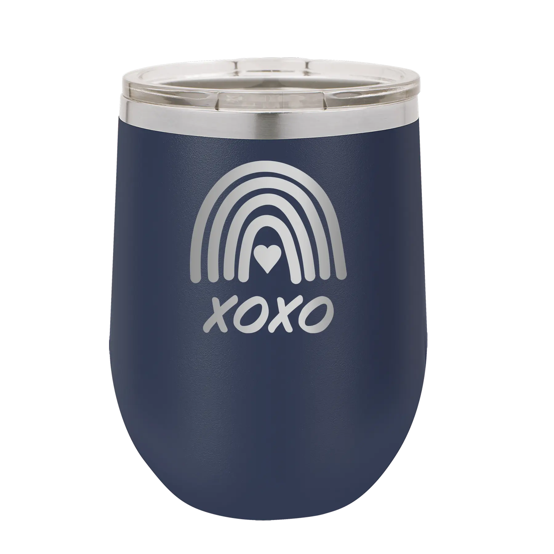 Laser etched navy 12 oz vacuum insulated wine cup with 'XOXO Rainbow' design