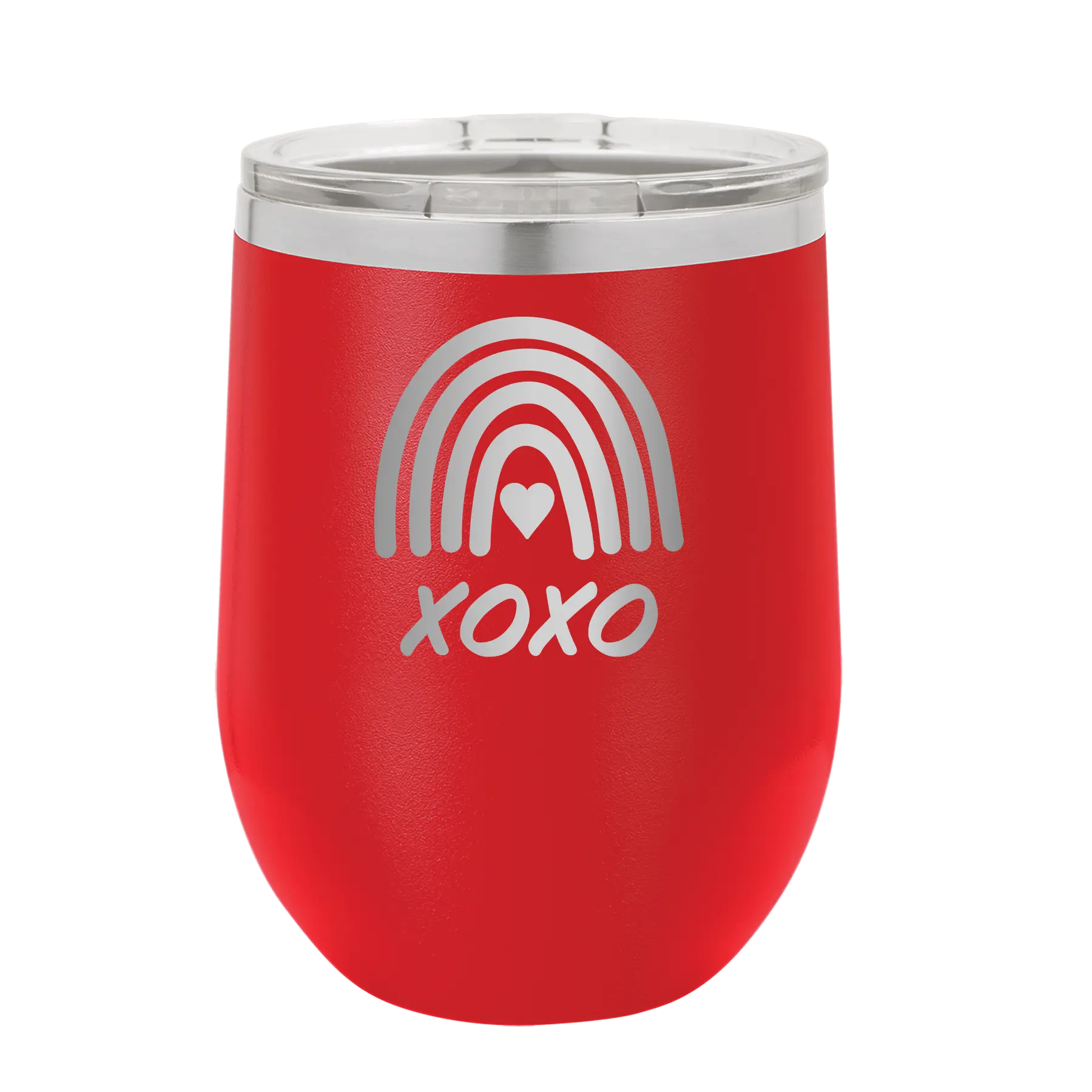 Laser etched red 12 oz vacuum insulated wine cup with 'XOXO Rainbow' design
