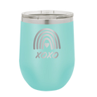 Laser etched teal 12 oz vacuum insulated wine cup with 'XOXO Rainbow' design