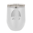 Laser etched white 12 oz vacuum insulated wine cup with 'XOXO Rainbow' design