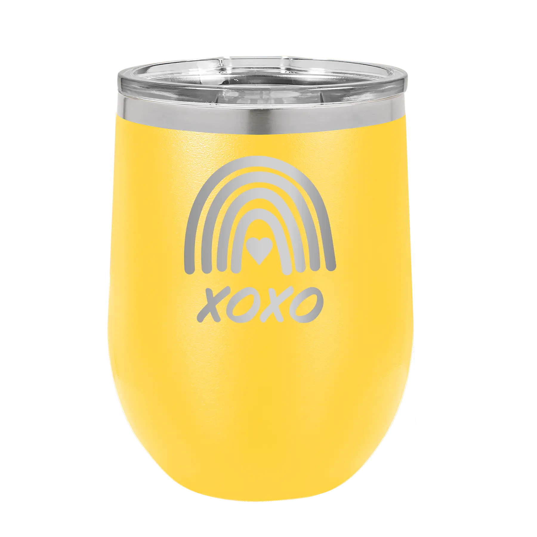 Laser etched yellow 12 oz vacuum insulated wine cup with 'XOXO Rainbow' design