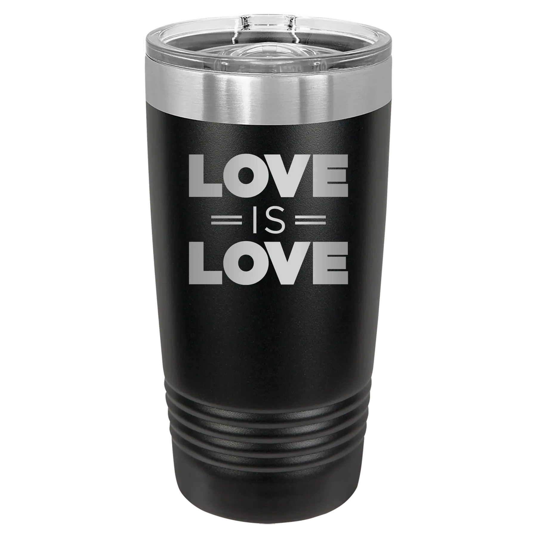 Laser etched black 20 oz vacuum insulated tumbler with 'Love is Love' design
