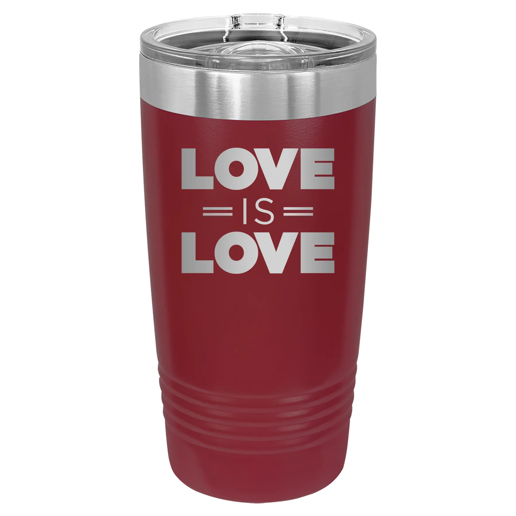 Laser etched maroon 20 oz vacuum insulated tumbler with 'Love is Love' design