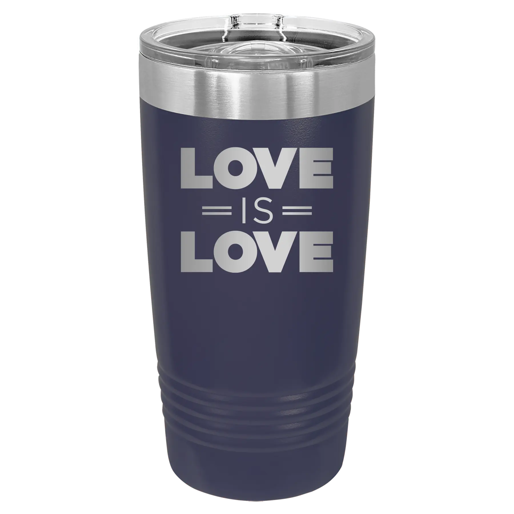Laser etched navy 20 oz vacuum insulated tumbler with 'Love is Love' design