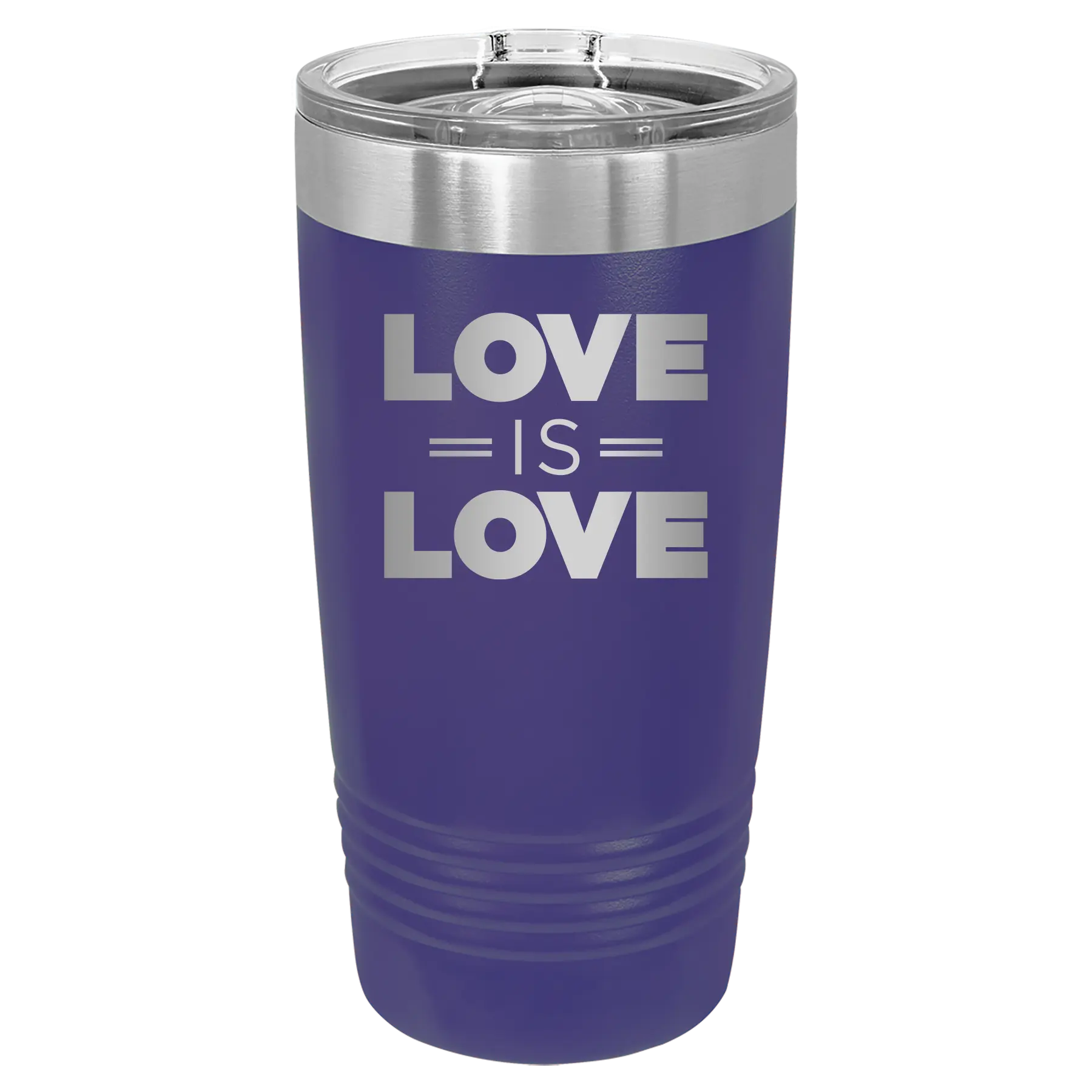 Laser etched purple 20 oz vacuum insulated tumbler with 'Love is Love' design