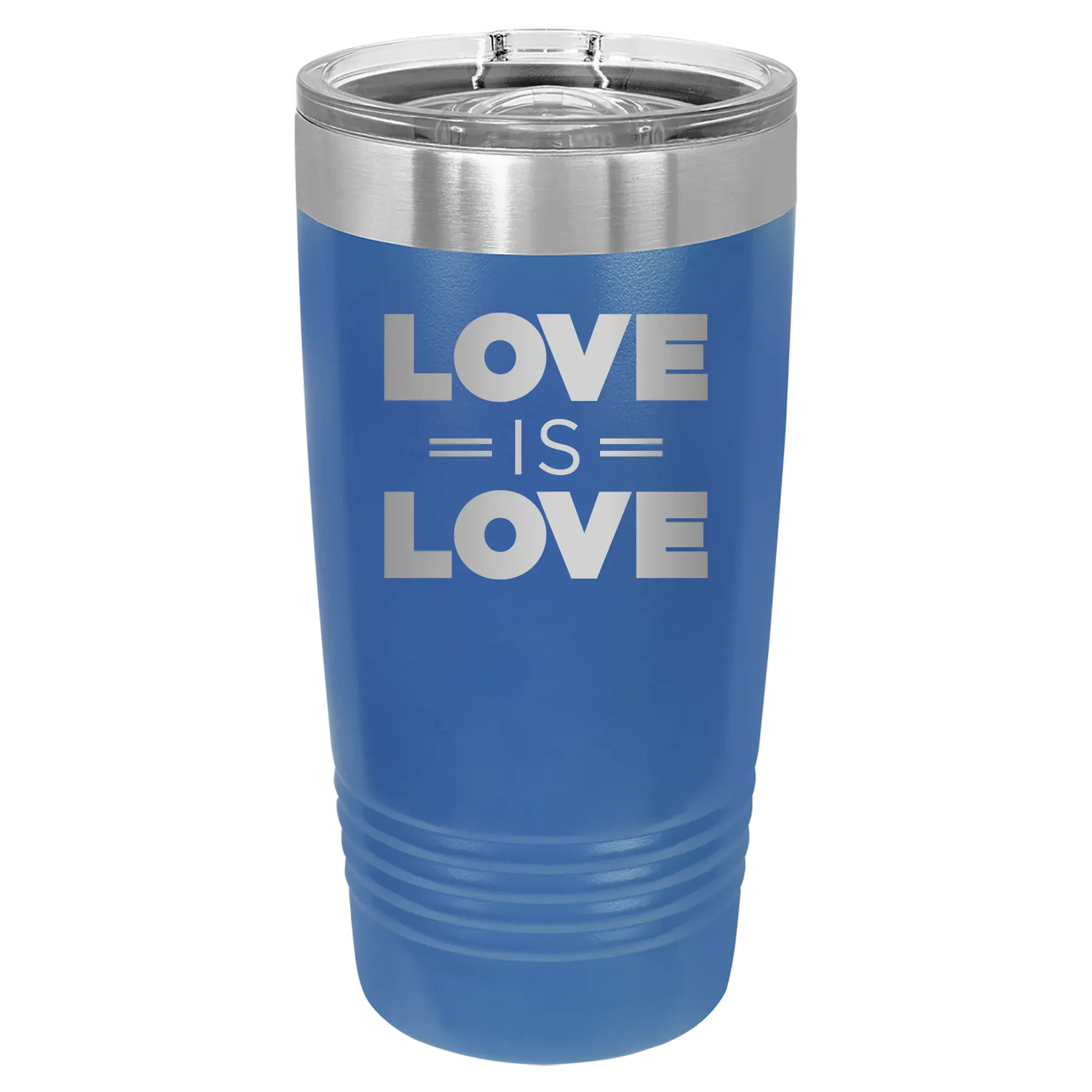 Laser etched royal blue 20 oz vacuum insulated tumbler with 'Love is Love' design