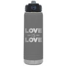 Laser etched dark gray 20 oz vacuum insulated water bottle with 'Love is Love' design