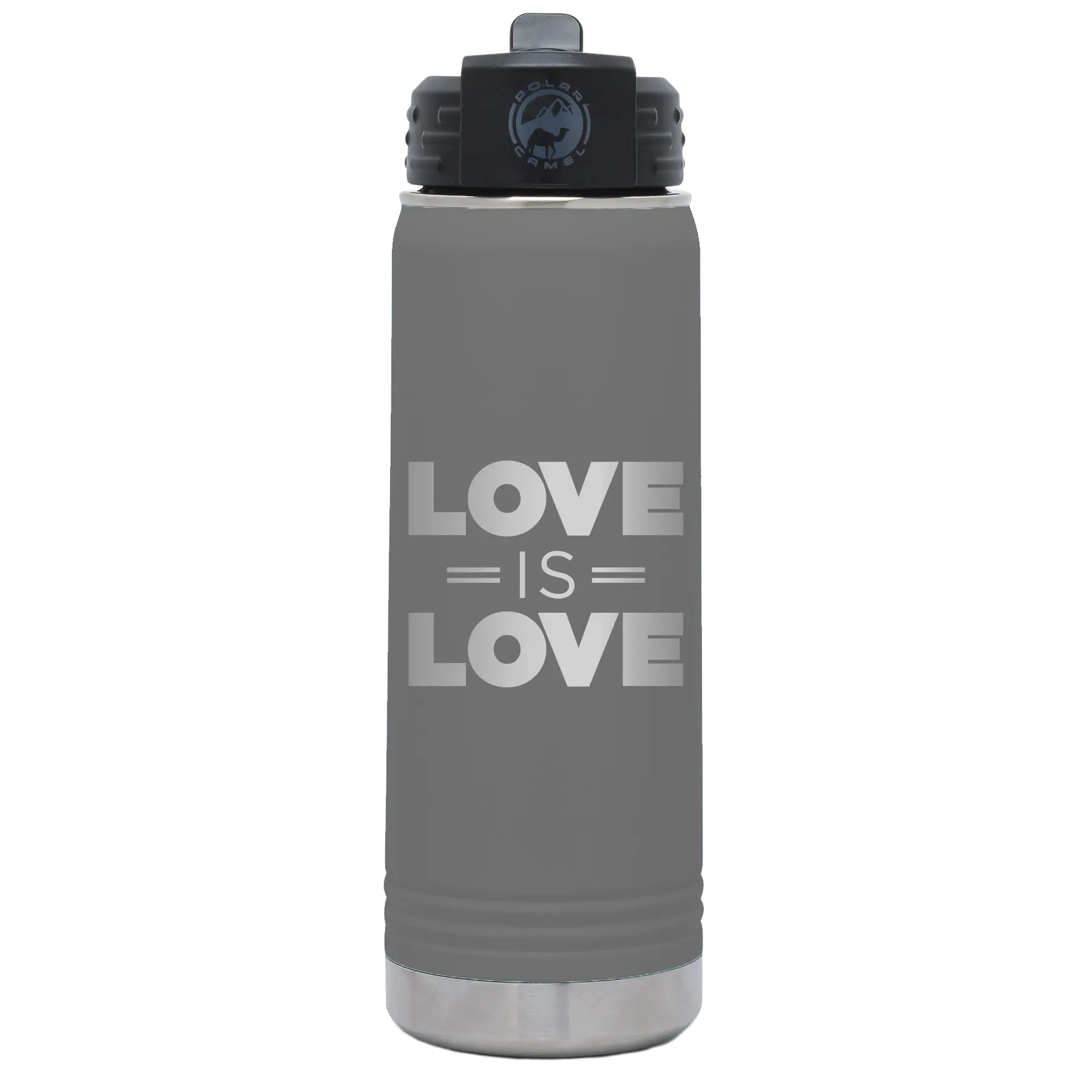 Laser etched dark gray 20 oz vacuum insulated water bottle with 'Love is Love' design