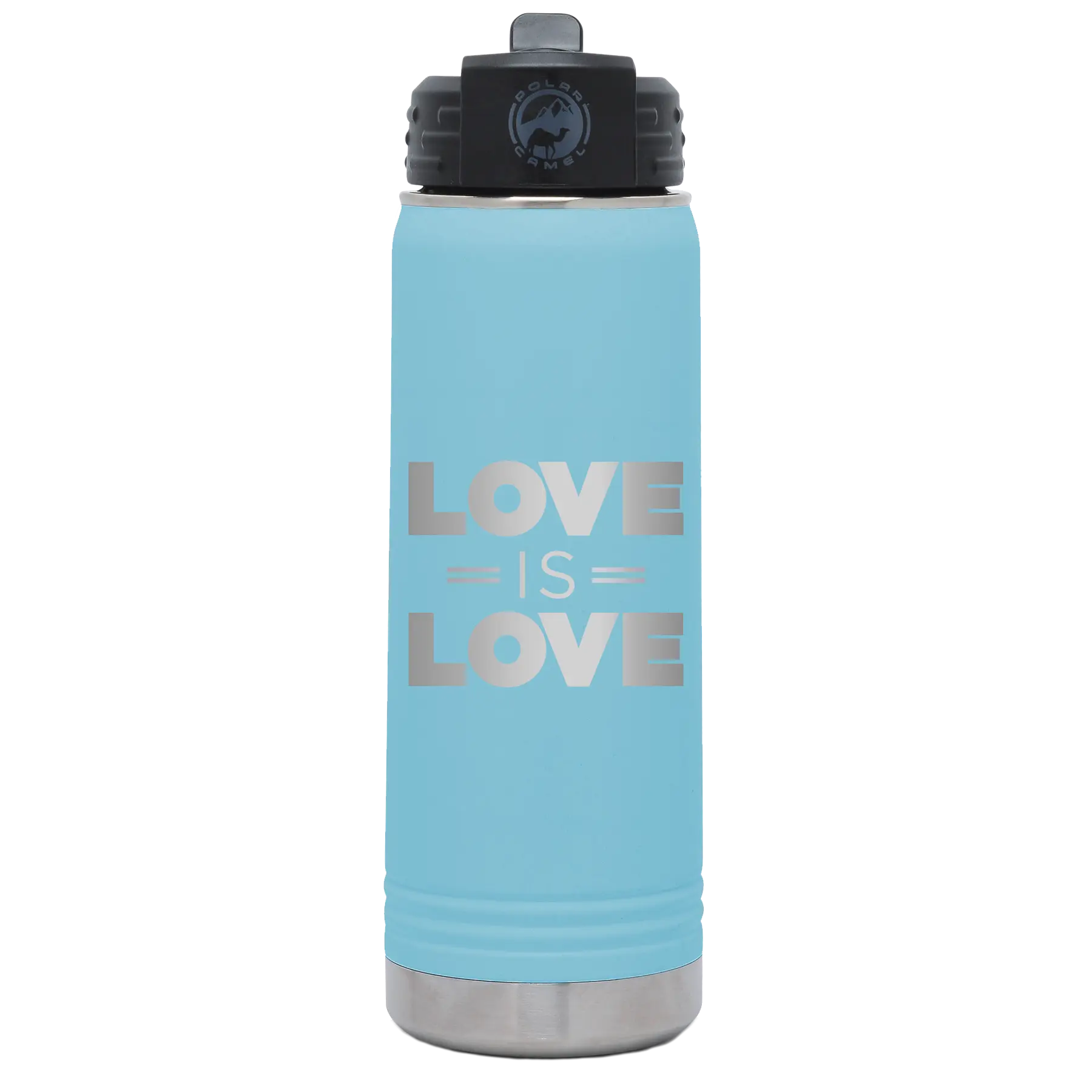 Laser etched light blue 20 oz vacuum insulated water bottle with 'Love is Love' design