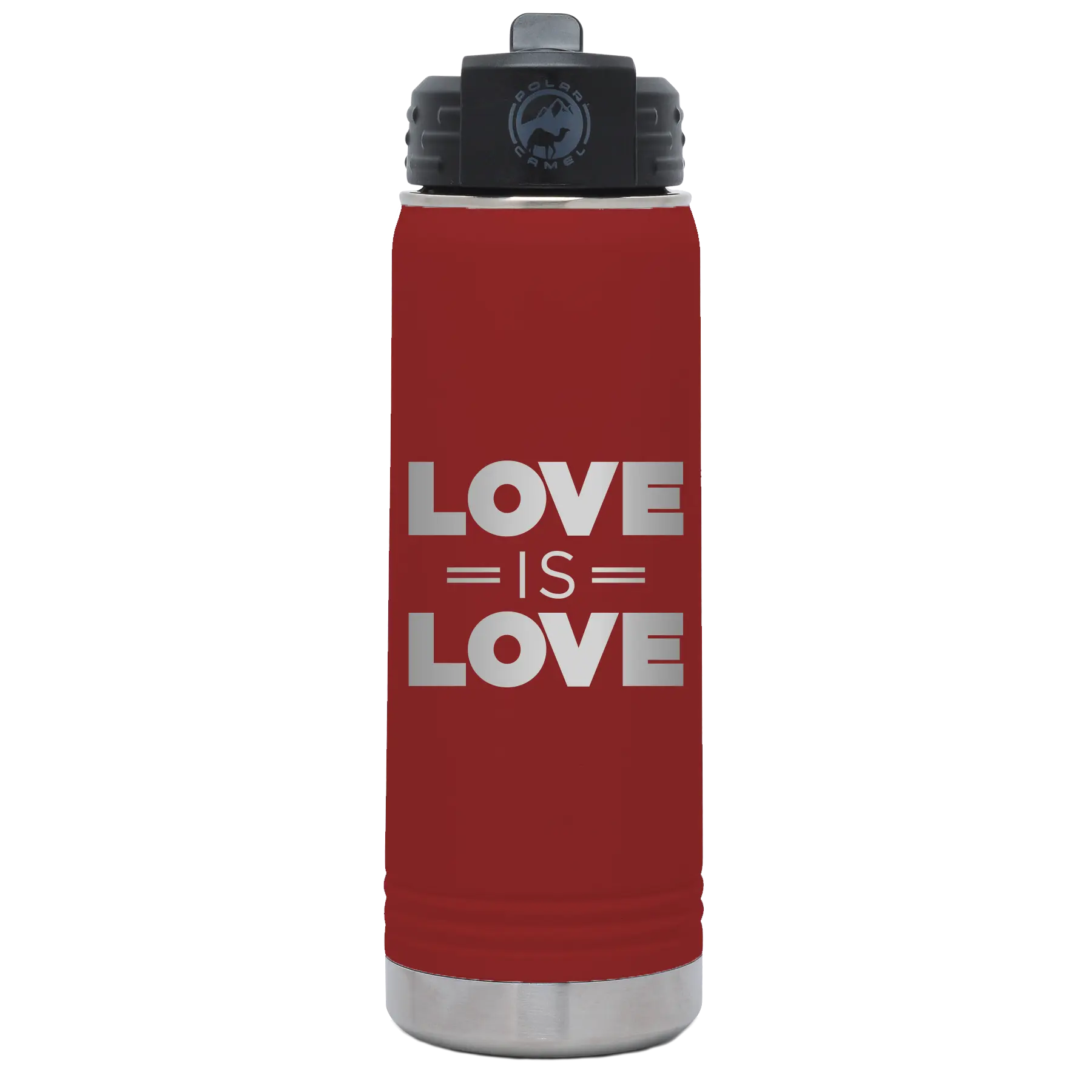 Laser etched maroon 20 oz vacuum insulated water bottle with 'Love is Love' design