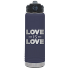 Laser etched navy 20 oz vacuum insulated water bottle with 'Love is Love' design
